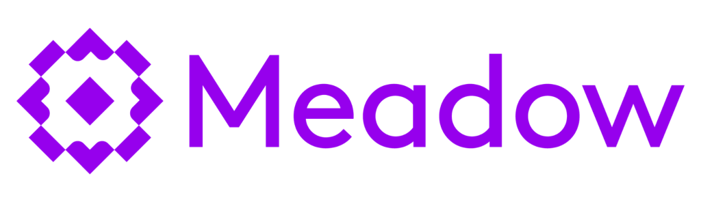 The image shows the word "Meadow" in bold purple text next to a geometric purple logo with a diamond shape in the center. Ca NORML
