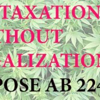 A background of green cannabis leaves with overlaying text in red that reads "NO TAXATION WITHOUT LEGALIZATION" and in black that reads "OPPOSE AB 2243". The bold message calls on CA legislators to reconsider tax bills impacting medical marijuana. CA Norml