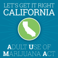 A graphic with a blue background features the text "Let's Get It Right California" in white at the top. Below is a green circle containing the white silhouette of California. The bottom text reads "Adult Use of Marijuana Act," highlighting the state's initiative on marijuana legalization. CA Norml
