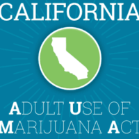 A graphic with a teal background features the text "CALIFORNIA" at the top, a green circle with the white silhouette of the state of California in the center, and the text "ADULT USE OF MARIJUANA ACT (AUMA)" at the bottom. Radiating lines surround the circle. CA Norml