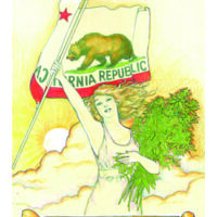 A woman holding a "California Republic" flag and a bunch of leafy green plants is depicted against a yellow sunlit background. Text at the bottom reads, "Sow the seeds of Victory!" in a retro-style illustration that nods to pending regulations and Cannabis Control by Cal NORML. CA Norml