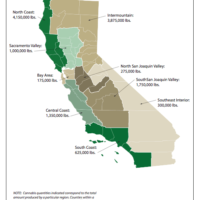 Map showing the estimated cannabis production in pounds by region in California, according to SRIA 2017. Key regions include North Coast with 4,150,000 lbs., Central Coast with 625,000 lbs., and Intermountain with 3,875,000 lbs. Other regions are also labeled in this Cannabis Cultivation report. CA Norml