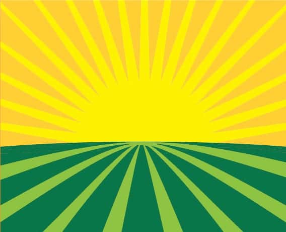 Illustration of a bright yellow sun rising or setting above a green field. Sun rays extend outwards, filling the sky with a gradient of yellow to orange, while green stripes extend from the bottom, creating a sense of depth in the field—a perfect backdrop for the California Cannabis Business Conference hosted by NCIA. CA Norml