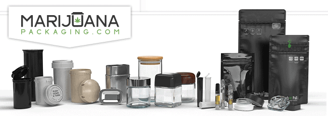 Image displaying various types of marijuana packaging, including clear jars, opaque containers, resealable bags, and tubes. The containers come in different shapes and sizes to meet California's 2022 cannabis packaging requirements. The branding "Marijuana Packaging.com" is visible. CA Norml