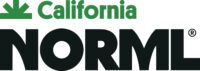Logo of California NORML with a green, upward-pointing arrow representing a tree above the word "California" in green, and the acronym "NORML" in black, capital letters below. Perfect for promoting events like the Policy Webinar on August 25 discussing California Cannabis Law. CA Norml