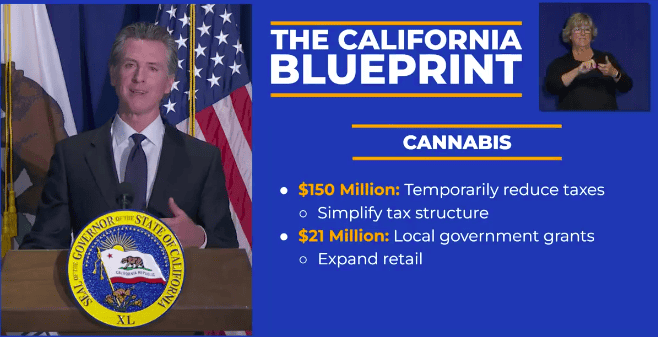 Gov. Newsom stands at a podium labeled "GOVERNOR OF THE STATE OF CALIFORNIA," speaking with U.S. and state flags behind him. A nearby screen displays "THE CALIFORNIA BLUEPRINT: CANNABIS," discussing cannabis cultivation tax reductions and government grants, while a sign language interpreter is shown. CA Norml