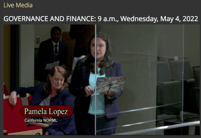 A woman stands and speaks at a public hearing titled "GOVERNANCE AND FINANCE: 9 a.m., Wednesday, May 4, 2022." A nameplate below reads "Pamela Lopez, California NORML," highlighting the issue of cannabis tax relief. Another woman sits beside her in the audience area. CA Norml