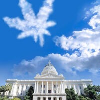 A grand, white, neoclassical government building stands under a clear blue sky with some clouds. Unusually, a large cloud shaped like a cannabis leaf floats prominently in the sky above the California Legislature. Trees and greenery surround the building. CA Norml