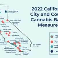 A map of California displaying city and county cannabis ballot measures for 2022. Different colored dots indicate cities and counties with local cannabis measures: red for regulatory & tax, teal for regulatory, and blue for other measures. Key cities are labeled on the map to guide CA voters. CA Norml