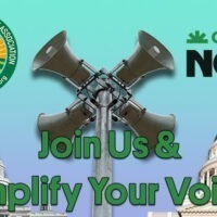An image featuring the logos of the National Cannabis Industry Association and California NORML. A central megaphone sits between the U.S. Capitol in DC and the California State Capitol in Sacramento. The caption reads: "Join Us & Amplify Your Voice! CA Norml