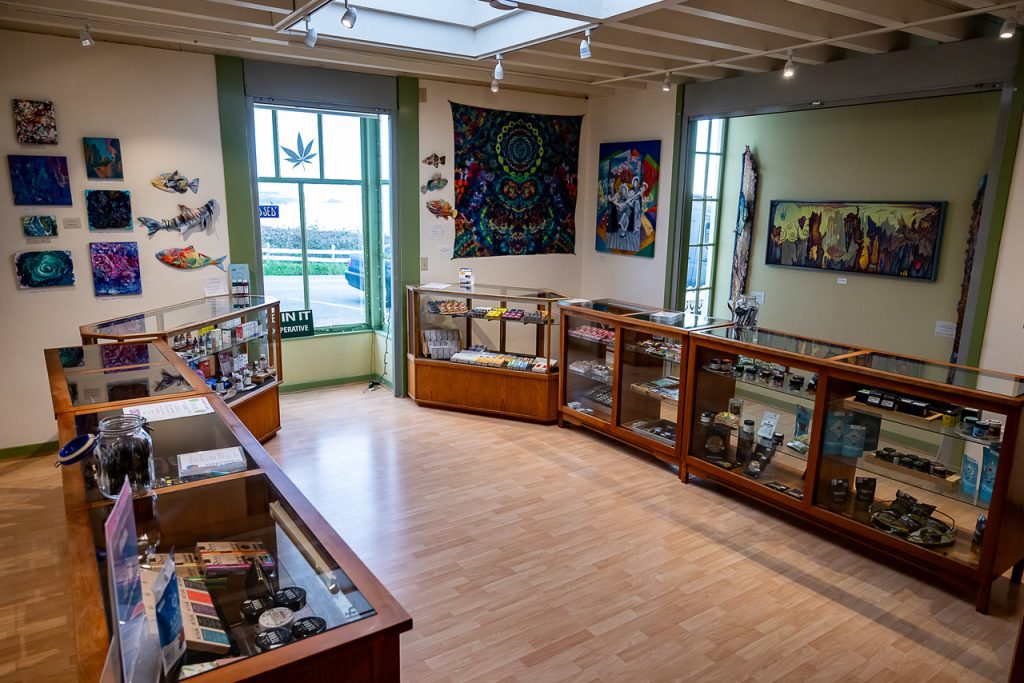 A well-lit room with wooden display cases showcasing various items. Colorful artwork, including paintings and tapestries, adorn the light green and cream walls. Large windows let in natural light, highlighting a sign promoting local cannabis next to a marijuana leaf in the window. CA Norml