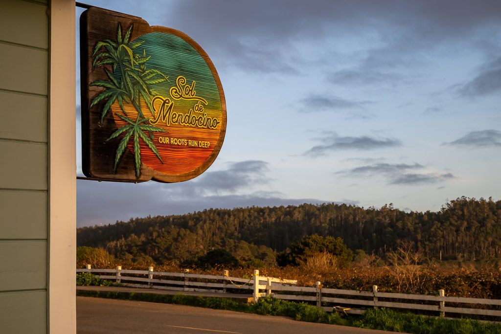 A large wooden sign with a colorful, sunset gradient and marijuana leaf design reads "Sol de Mendocino" and "Our Roots Run Deep." Showcasing their commitment to sungrown organic local cannabis, the sign is attached to a building near a rural road with a white fence, set against a forested hill. CA Norml
