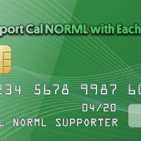 A green card with a chip, showcasing "Support Cal NORML with Each Tap!" and "CAL NORML SUPPORTER." Card number 1234 5678 9987 6087, expires on 04/20. Curved white lines add flair to the background—experience smooth payment processing and support causes that benefit you. CA Norml