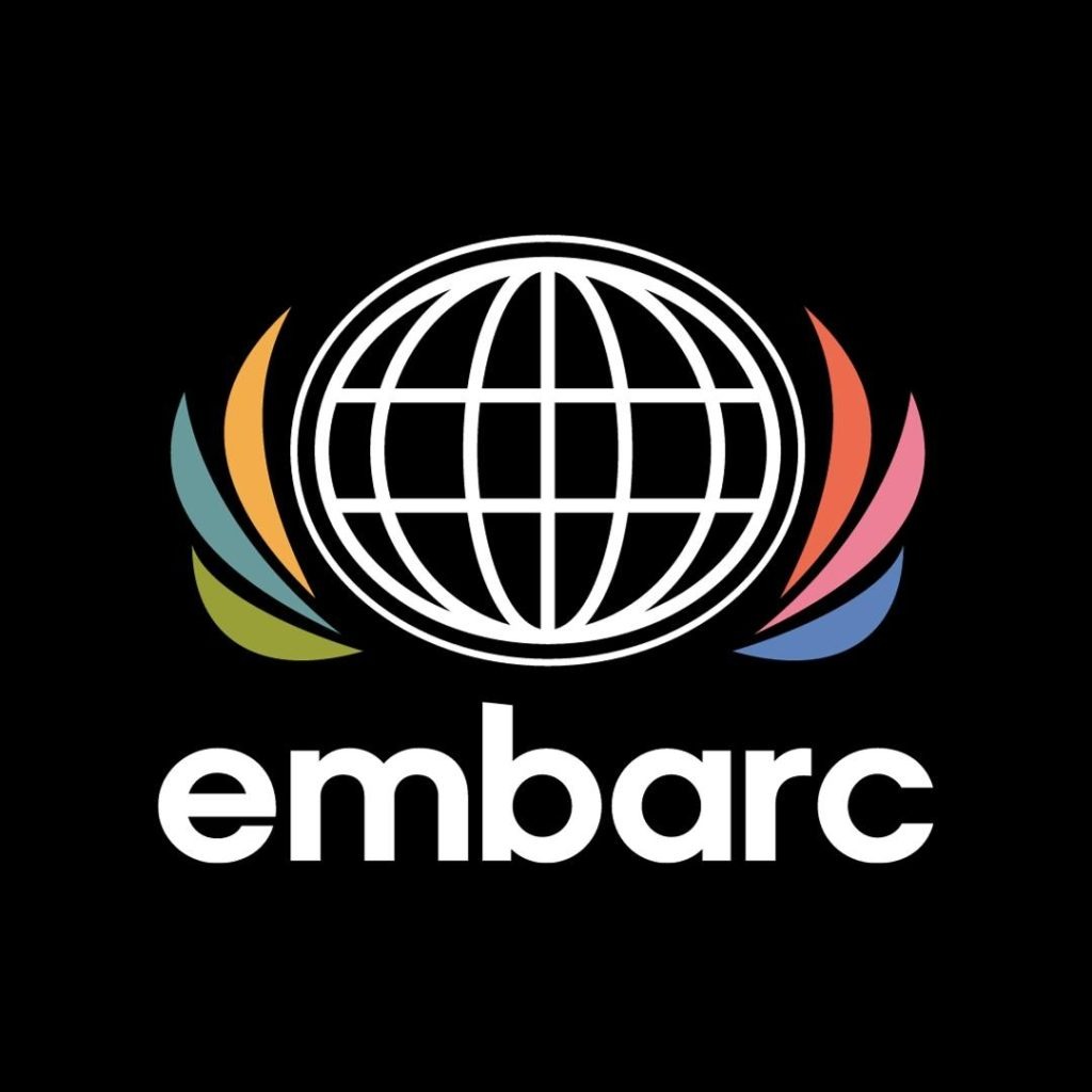 Embarc logo featuring a globe design in the center with colorful leaf-like shapes on either side, all on a black background.