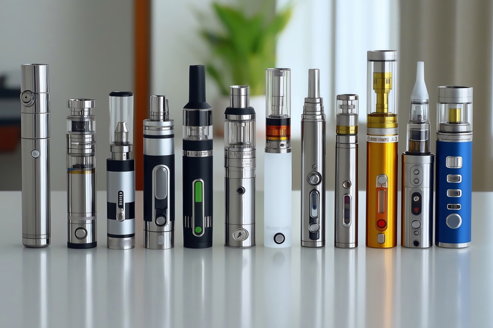 A variety of vape pens and e-cigarettes stand in a row on a white surface. The devices vary in color, size, and design, featuring different buttons, finishes, and tanks. A blurred indoor plant is in the background, subtly complementing this assembly of stylish cannabis vape pens. CA Norml