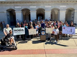 A large group gathers in front of a building with arched doorways, holding signs for cannabis advocacy. Messages like "Keep Jail for the Real Crime" and "Higher Wages, Lower Taxes" resonate. At the forefront, a person in a wheelchair champions AB 564, urging California to rethink Cannabis Tax policies. CA Norml