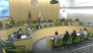 A government meeting in a large, modern chamber with people seated in a semicircle. Two American flags and one California flag are displayed. A screen reads “AB 564 Haney Bill on Cannabis Tax Increase Repeal,” backed by Cal NORML. CA Norml
