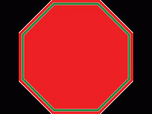 A red octagon with a thin green outline, resembling a blank stop sign, centered on a white background. CA Norml