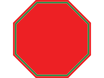 A red octagon with a thin green outline, resembling a blank stop sign, centered on a white background. CA Norml