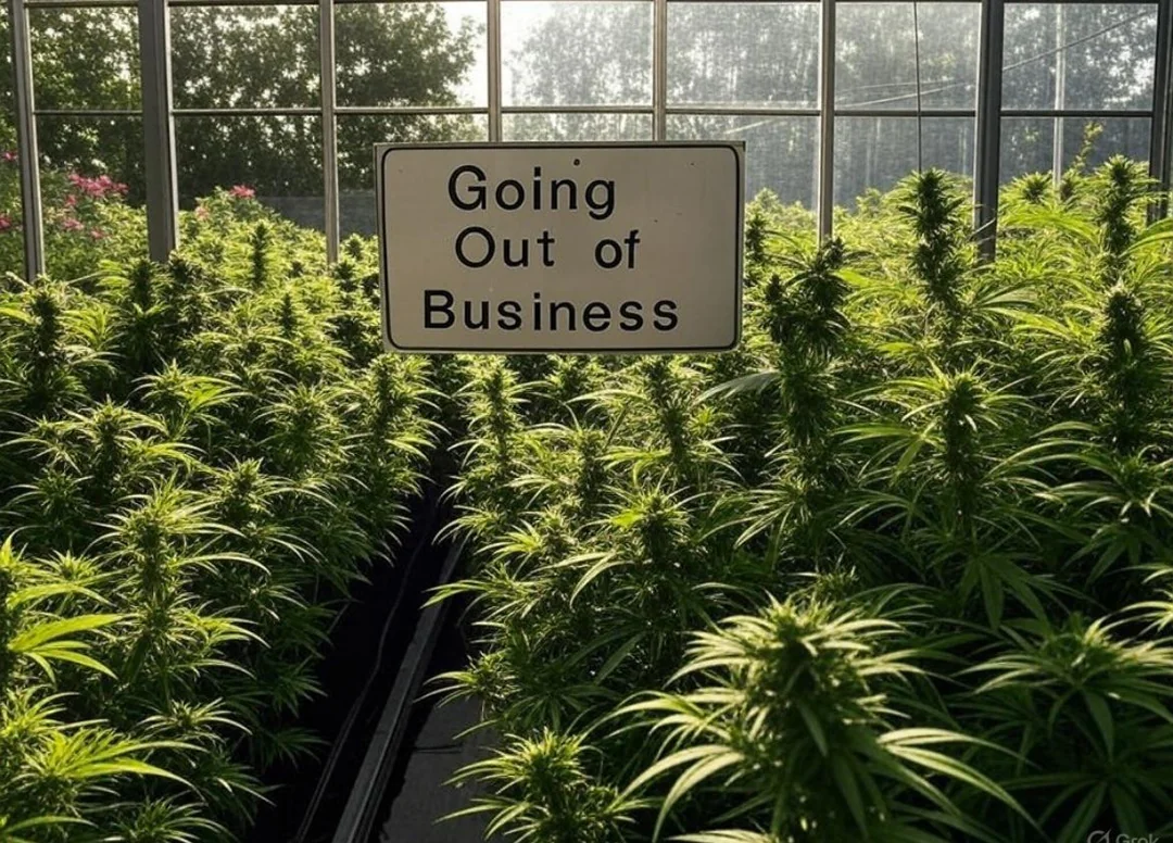 A greenhouse full of cannabis plants with a white sign in the center that reads "Going Out of Business." Sunlight streams through the windows, reflecting challenges faced by California’s cannabis industry. CA Norml
