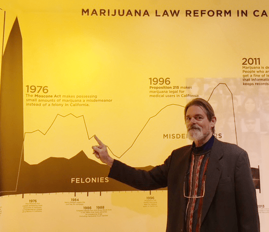 Cal NORML director Dale Gieringer points to a timeline about marijuana law reform in California, showing how people could be arrested for felony possession for a joint before 1976.