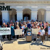 A large group of people gathers outside a government building holding signs supporting cannabis reform, with a California NORML banner and informational posters. Some participants use wheelchairs and children are present. Photo by Jennifer Michaels. CA Norml