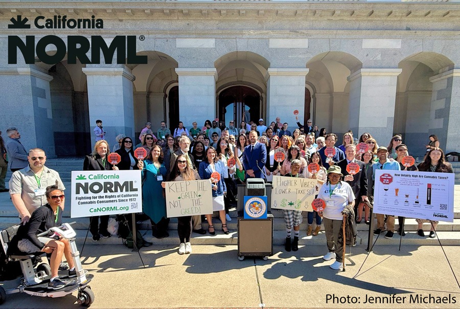 A large group of people gathers outside a government building holding signs supporting cannabis reform, with a California NORML banner and informational posters. Some participants use wheelchairs and children are present. Photo by Jennifer Michaels. CA Norml