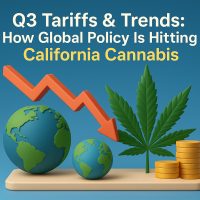 A downward arrow points across two globe models, a cannabis leaf, and stacks of coins. Text reads: "Q3 Tariffs & Trends: How global policy and tariffs are hitting California cannabis. CA Norml