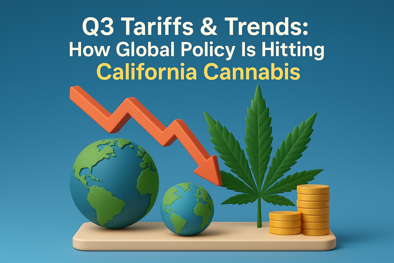 A downward arrow points across two globe models, a cannabis leaf, and stacks of coins. Text reads: "Q3 Tariffs & Trends: How global policy and tariffs are hitting California cannabis. CA Norml