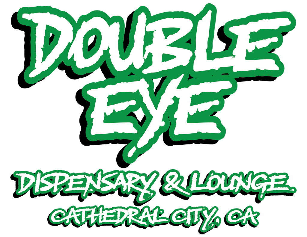 Text logo reads: “DOUBLE EYE DISPENSARY & LOUNGE CATHEDRAL CITY, CA” in a bold, graffiti-style white font with green outline—perfectly capturing the vibrant spirit of this cannabis lounge and dispensary. Transparent background. CA Norml
