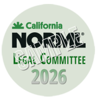 Circular badge with "California NORML Legal Committee 2026" in bold text on a light green background. The word "SAMPLE" is stamped diagonally across the badge in white, semi-transparent letters. CA Norml