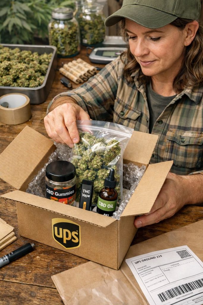 A woman packs a UPS box with CBD gummies, THC vape, CBD oil, medical marijuana buds, and a mailing bill. Other cannabis products and packaging supplies are spread across the wooden table. CA Norml