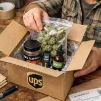 A person in California packs a UPS box with cannabis products—CBD gummies, a THC vape, CBD oil, and a bag of medical marijuana buds—on a wooden table. Shipping materials and a label are visible nearby. CA Norml