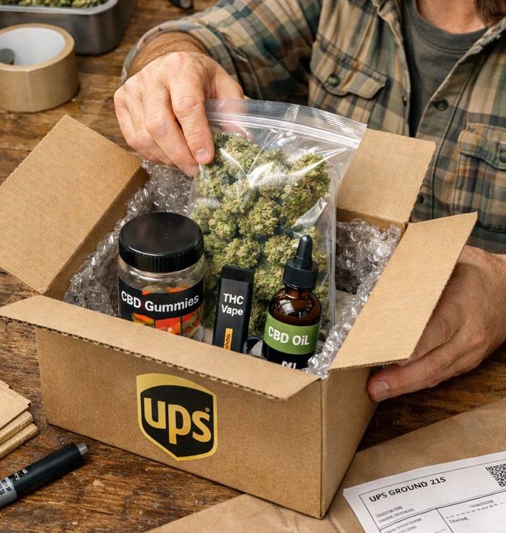 A person in California packs a UPS box with cannabis products—CBD gummies, a THC vape, CBD oil, and a bag of medical marijuana buds—on a wooden table. Shipping materials and a label are visible nearby. CA Norml
