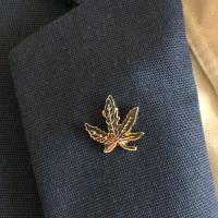A gold pin in the shape of a cannabis leaf, inspired by Cal NORML advocacy, is attached to the lapel of a dark blue textured suit jacket. Ca NORML