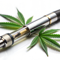 A cannabis vape pen rests atop two green cannabis leaves.