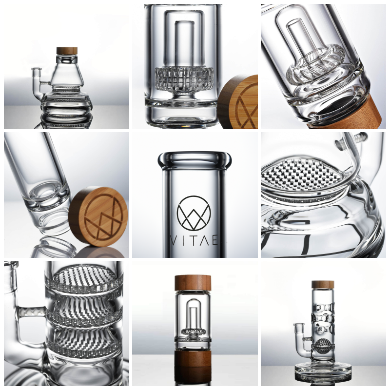 Collage of nine close-up images showing a modern glass water pipe with wooden accents, various intricate percolators, and the VITAE logo on clear glass parts against a light background. Ca NORML