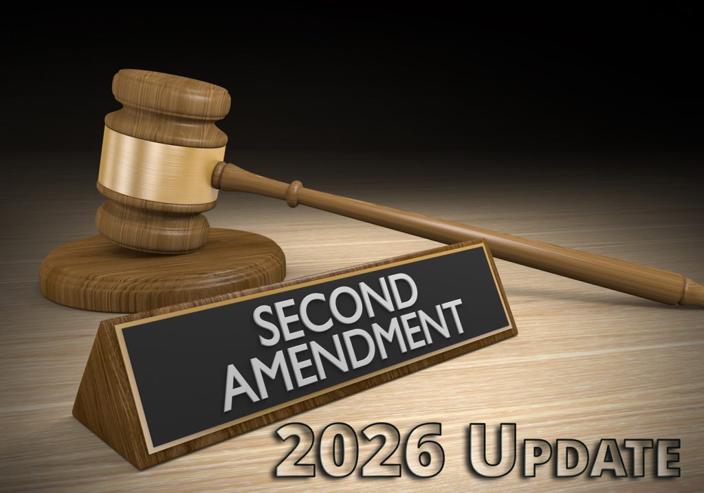 A wooden judge’s gavel and block sit next to a nameplate labeled “Second Amendment.” The text “2026 Update” appears below, highlighting new rulings on whether marijuana users can legally possess guns, as discussed in Hemani’s latest analysis. Ca NORML