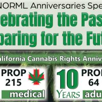 Green and white graphic reads: “Cal NORML Anniversaries Specials. Celebrating the Past – Preparing for the Future. 30 Years PROP 215 medical. 10 Years PROP 64 adult-use. 2026 Anniversary Specials.” Decorated with cannabis leaf designs. Ca NORML