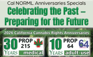 Green and white graphic reads: “Cal NORML Anniversaries Specials. Celebrating the Past – Preparing for the Future. 30 Years PROP 215 medical. 10 Years PROP 64 adult-use. 2026 Anniversary Specials.” Decorated with cannabis leaf designs. Ca NORML