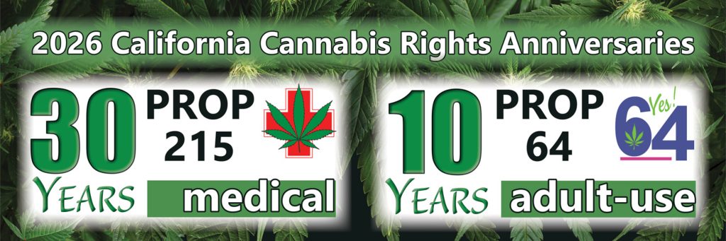 Banner with cannabis leaves marking “2026 California Cannabis Rights Anniversaries”: 30 years of Prop 215 (medical) and 10 years of Prop 64 (adult-use), plus related icons and text, celebrating with exclusive 2026 Anniversary Specials. Ca NORML