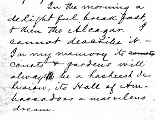 Handwritten note by Twain: “In the morning a delightful breakfast, then the Il Casar. I cannot describe it — In my memory its courts & gardens will always be a hasheesh delusion, its Hall of Ambassadors a marvelous dream.”. Ca NORML