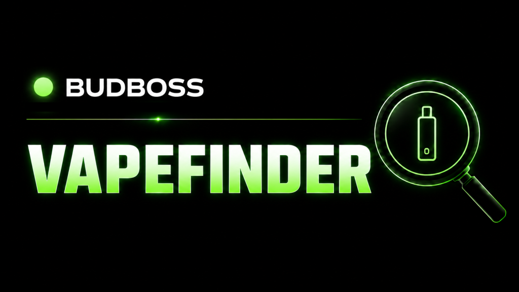 Black background with “BUDBOSS VAPEFINDER” in bright green and white text. To the right, a magnifying glass highlights a simple vape icon in green outline. Ca NORML