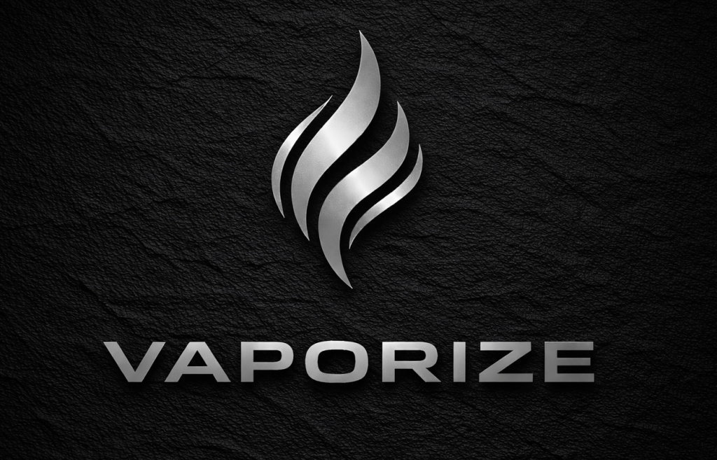Metallic flame logo above the word “VAPORIZE” in bold, silver letters on a textured black background. Ca NORML