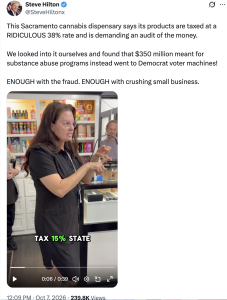 Gubernatorial candidate Steve Hilton speaks to a camera inside a cannabis dispensary, with text overlay reading “TAX 15% STATE” visible at the bottom of the video frame. Ca NORML